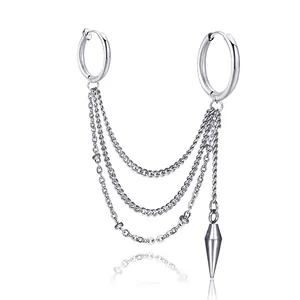 Punk Stainless Steel Tassel Chain Ear Cuff Earrings With Cone Pendant Rock Streetwear Gothic Jewelry For Men Women