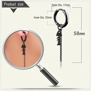 Detailed dimension guide for black stainless steel fishbone tassel earrings with 58mm length