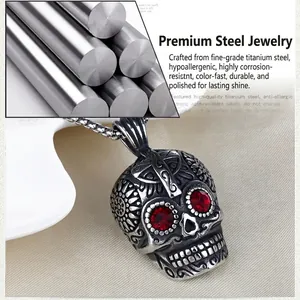 Macro detail of gothic skull pendant with red gemstone eyes and cross engraving
