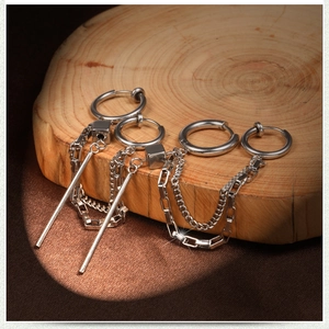 Punk style stainless steel tassel chain earrings for men featuring polished silver finish