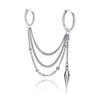 Silver stainless steel double loop hoop earring with layered chains and cone pendant