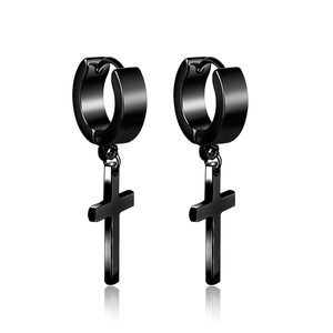 Minimalist black stainless steel hoop earrings featuring dangling cross pendants