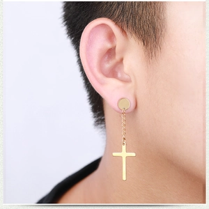 Close-up of gold stainless steel cross dangle earring with chain on ear model