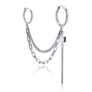 Punk style stainless steel double hoop earrings with layered chains and geometric pendants