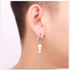 Fishbone tassel chain earring in silver titanium steel worn on model's ear lobe