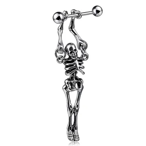 Gothic Punk Stainless Steel Skull Skeleton Barbell Stud Earrings For Men Women Skeleton Dangle Piercing Jewelry Gift