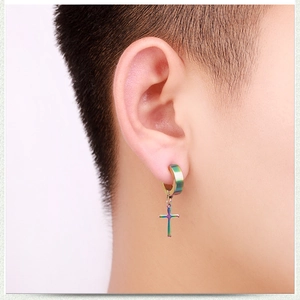 Rainbow plated stainless steel cross dangle earring worn on ear for a stylish street look