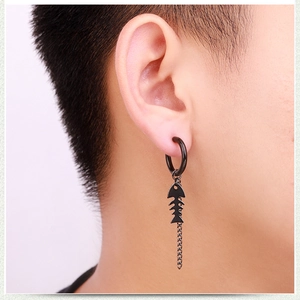 Black stainless steel tassel chain earrings with punk fishbone pendant for men and women