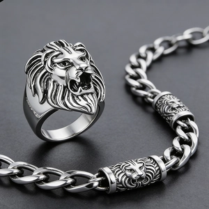 Detailed view of silver lion head totem ring and matching mens stainless steel bracelet