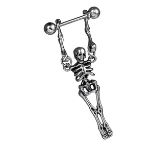 Polished stainless steel skeleton nipple ring with punk gothic dangle skull design