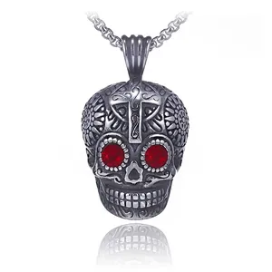 Vintage Stainless Steel Skull Cross Pendant Necklace For Men Red Rhinestone Eyes Gothic Punk Hip Hop Jewelry With Chain
