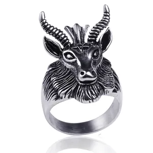 Gothic Retro Stainless Steel Goat Head Ring For Men Punk Pentagram Baphomet Statement Finger Ring Distressed Polished Jewelry Gift