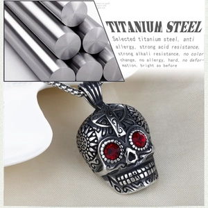 Hip hop titanium steel skull necklace with red gemstone eyes and cross engraving