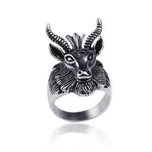 Retro stainless steel goat head ring with pentagram carving and vintage silver finish