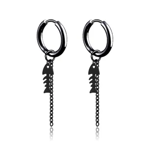 Punk Stainless Steel Fishbone Tassel Chain Earrings For Men Women Skeleton Dangle Hoop Earrings Pierced And Non Pierced Jewelry