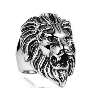 Vintage Men's Lion Head Totem Ring Titanium Steel Punk Biker Animal Relief Ring Antique Silver Fashion Jewelry For Men
