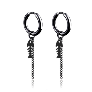 Minimalist black stainless steel hoop earrings with fishbone pendant and long chain fringe