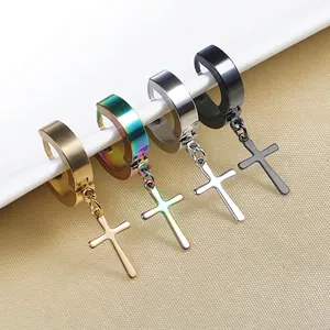 Stainless Steel Cross Pendant Hoop Earrings For Men Women Punk Style Non Pierced Clip On Pierced Huggie Ear Buckle Jewelry