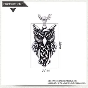 Detailed view of silver owl pendant dimensions showing 46mm height and 37mm width
