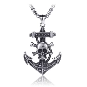 Retro Stainless Steel Skull Anchor Pendant Necklace For Men Hip Hop Gothic Punk Distressed Metal Charm Jewelry Gift