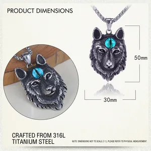 Détail du pendentif tête de loup en acier inoxydable 316L rétro avec pierre bleue