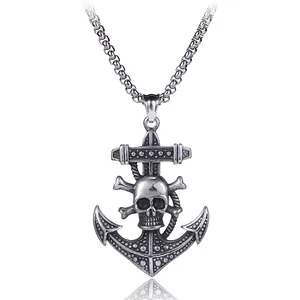 Retro stainless steel anchor and skull pendant necklace with punk gothic matte silver finish