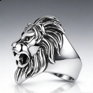 Vintage stainless steel lion head ring for men with polished finish and detailed engraving
