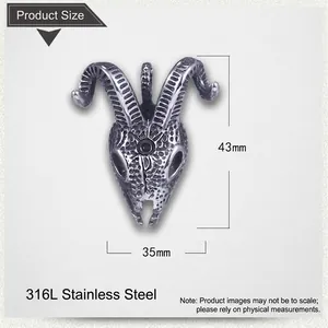 Détails du pendentif tête de bélier en acier titane 316L, 43 mm haut et 35 mm large