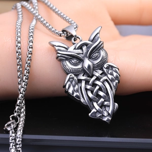 Retro stainless steel owl pendant necklace with Celtic knot patterns for men