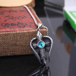 Vintage Gothic Angel Wings Cross Pendant Necklace For Men Women Stainless Steel Inlaid Turquoise Punk Jewelry Silver Chain