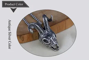 Détail du pendentif crâne de chèvre en argent antique sur une chaîne à billes gothique