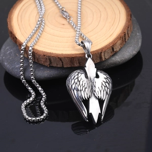 Vintage angel wings titanium steel pendant with gothic cross and turquoise stone necklace