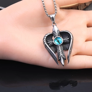 Vintage punk angel wings cross pendant in silver steel with turquoise gemstone inlay