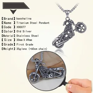 Detail showing vintage motorcycle pendant size 30x49mm with stainless steel chain