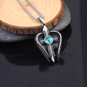 Vintage gothic angel wing heart pendant with blue eye stone on stainless steel chain