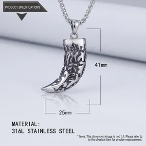 Detailed 41x25mm dimensions of vintage 316L titanium steel wolf tooth pendant