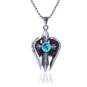 Vintage gothic angel wings cross pendant with turquoise bead on stainless steel chain