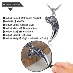 Detail showing the vintage wolf tooth pendant with 60cm titanium steel chain dimensions
