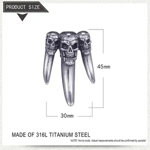 Detailansicht der Größe des 316L Edelstahl Triple Totenkopf Punk-Anhängers