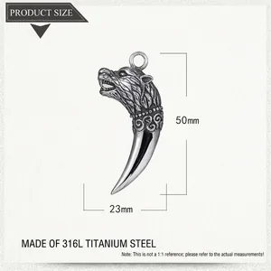 Detail of 316L titanium steel wolf head tooth pendant showing size 50mm x 23mm
