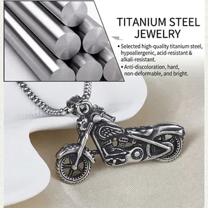 Detailed view of a retro motorcycle pendant made of durable titanium steel on a ball chain