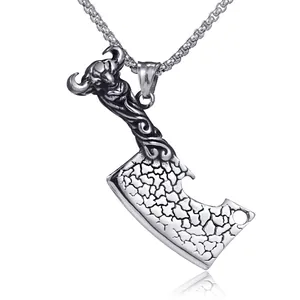 Hommes Hip Hop Collier Pendentif Couperet Tête de Taureau Acier Inoxydable Finition Antique Vieillie Punk Gothique Bijoux