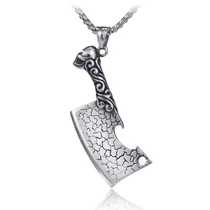 Hip Hop Retro Stainless Steel Skull Cleaver Pendant Necklace For Men Gothic Punk Style Bottle Opener Functional Jewelry