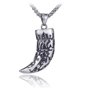 Retro Stainless Steel Wolf Fang Pendant Necklace For Men Hip Hop Tribal Totem Wolf Tooth Jewelry Accessories Gift
