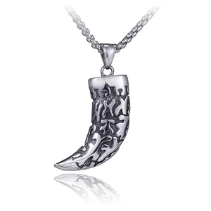 Retro stainless steel wolf tooth pendant necklace with intricate hollow carvings for men