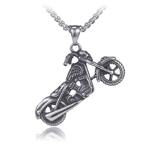Vintage Stainless Steel Motorcycle Pendant Necklace For Men Retro Antique Silver Hip Hop Punk Industrial Style Jewelry Gift