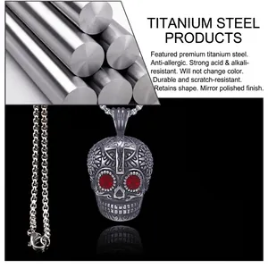 Gothic titanium steel skull pendant necklace with cross detail and red gemstone eyes