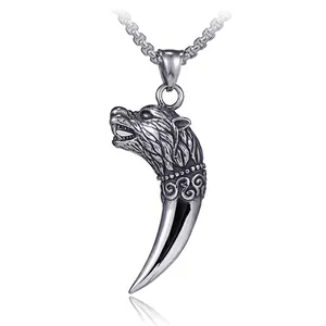 Retro Stainless Steel Wolf Head Fang Pendant Necklace For Men Hip Hop Punk Style Antique Silver Animal Tooth Jewelry Gift