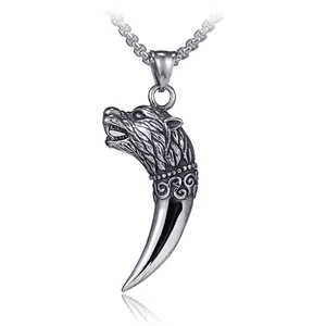 Hip hop vintage wolf tooth pendant necklace in silver stainless steel for men