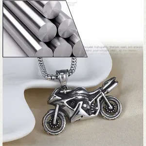 Retro stainless steel motorcycle pendant necklace with detailed vintage silver engine design